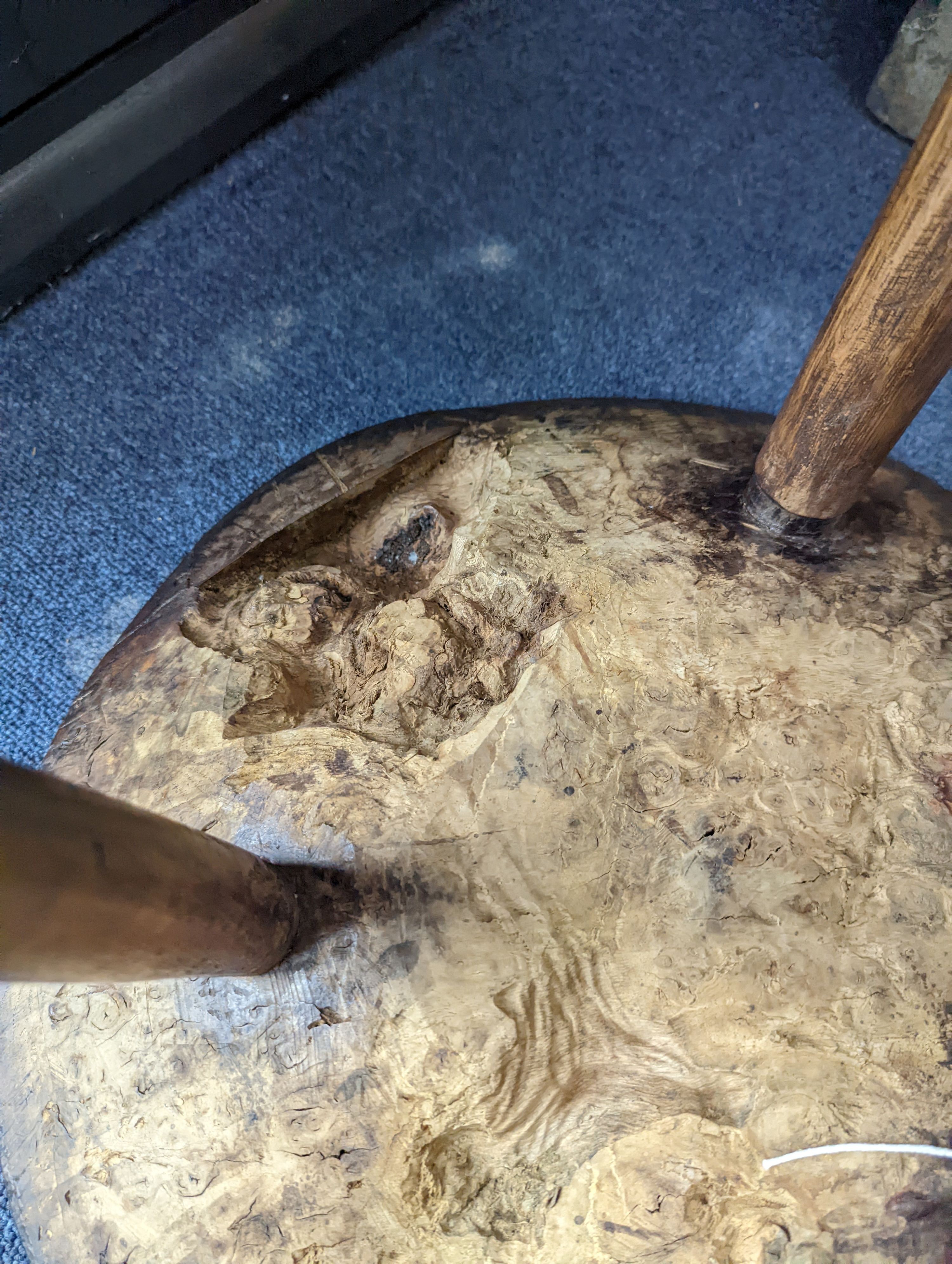 A circular burr elm and ash primitive cricket table with T shaped stretcher, diameter 44cm, height 61cm